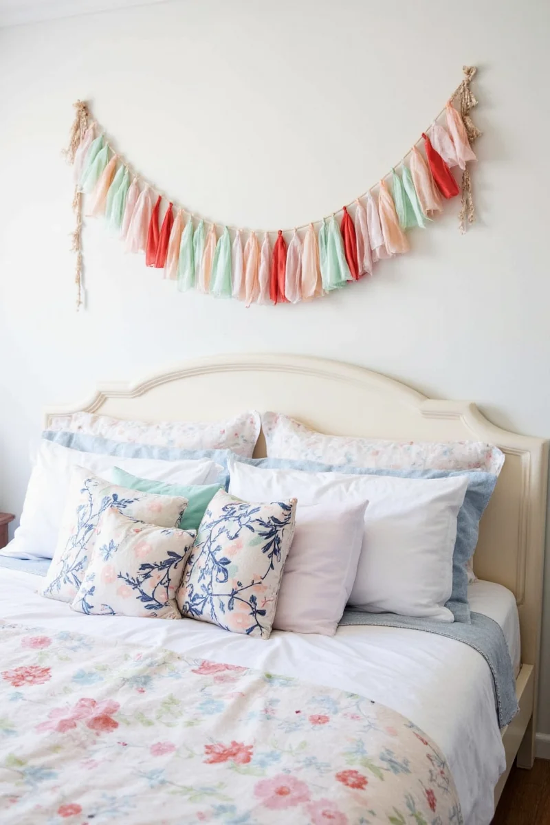 Hanging plants above bed