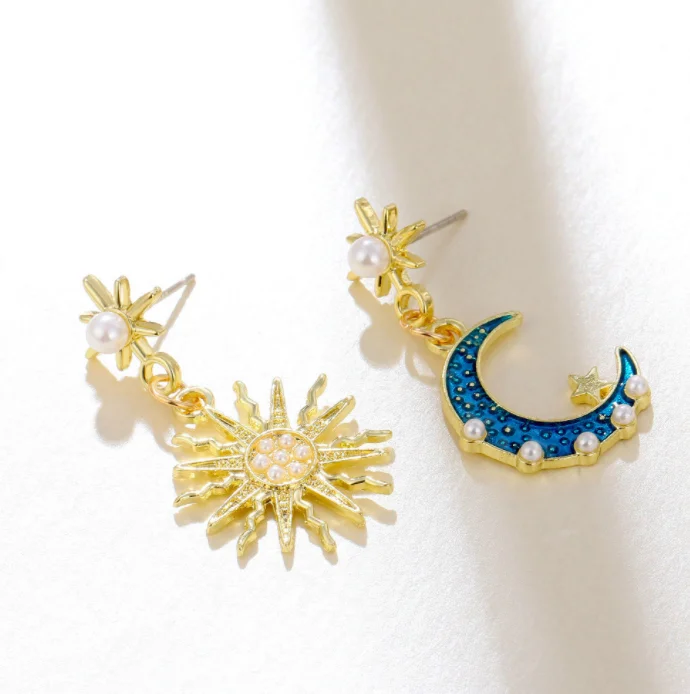

Blue drop oil pearl star moon earrings