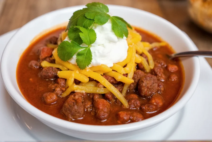 Steak chili served in white bowl with melted cheddar, sour cream, and fresh cilantro garnish