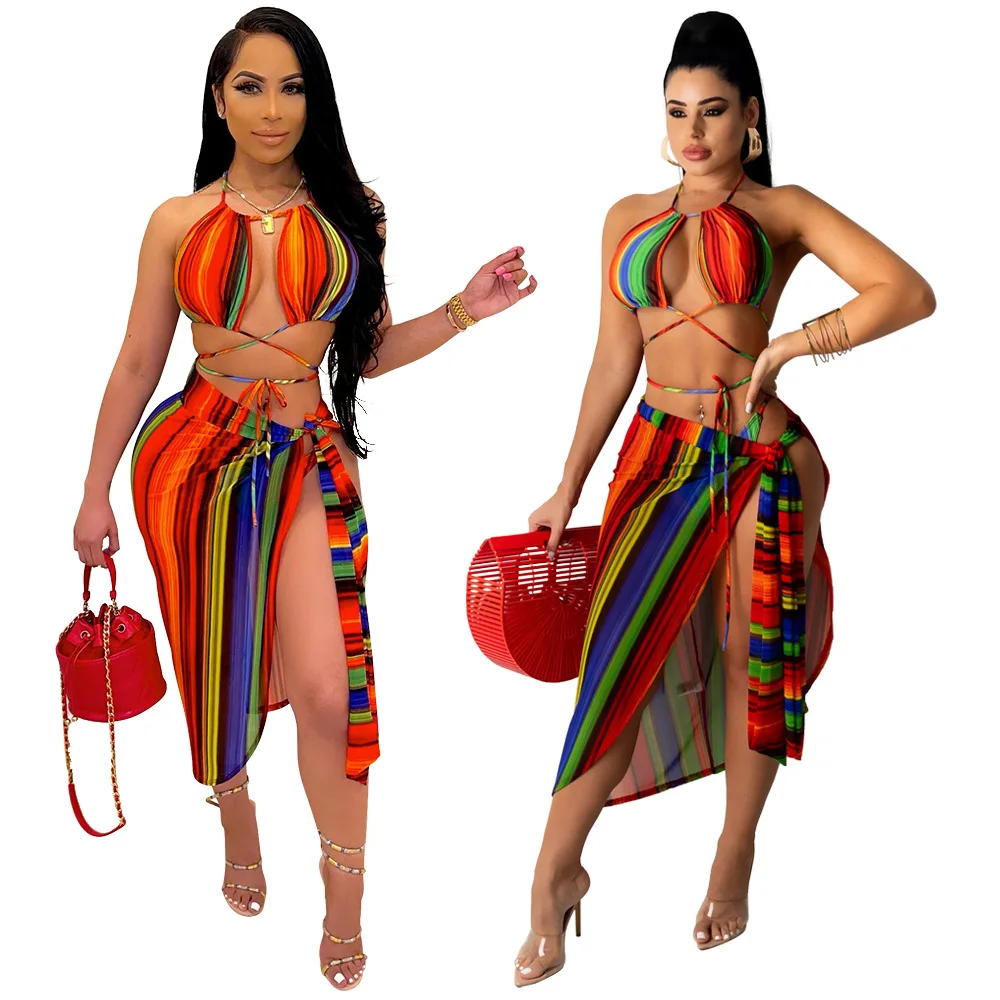 

2021 women Digital print bikini beach sexy strap lingerie swimsuit 3 piece set