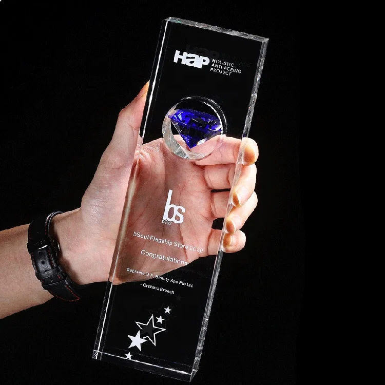 Blue Diamond Crystal Trophy Custom Event Competition Outstanding Employee Honor Crystal Medal Souvenir