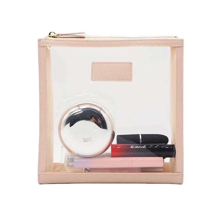 

Genuine leather wash toiletry bag cosmetic travel clear makeup bag, Beige/nude