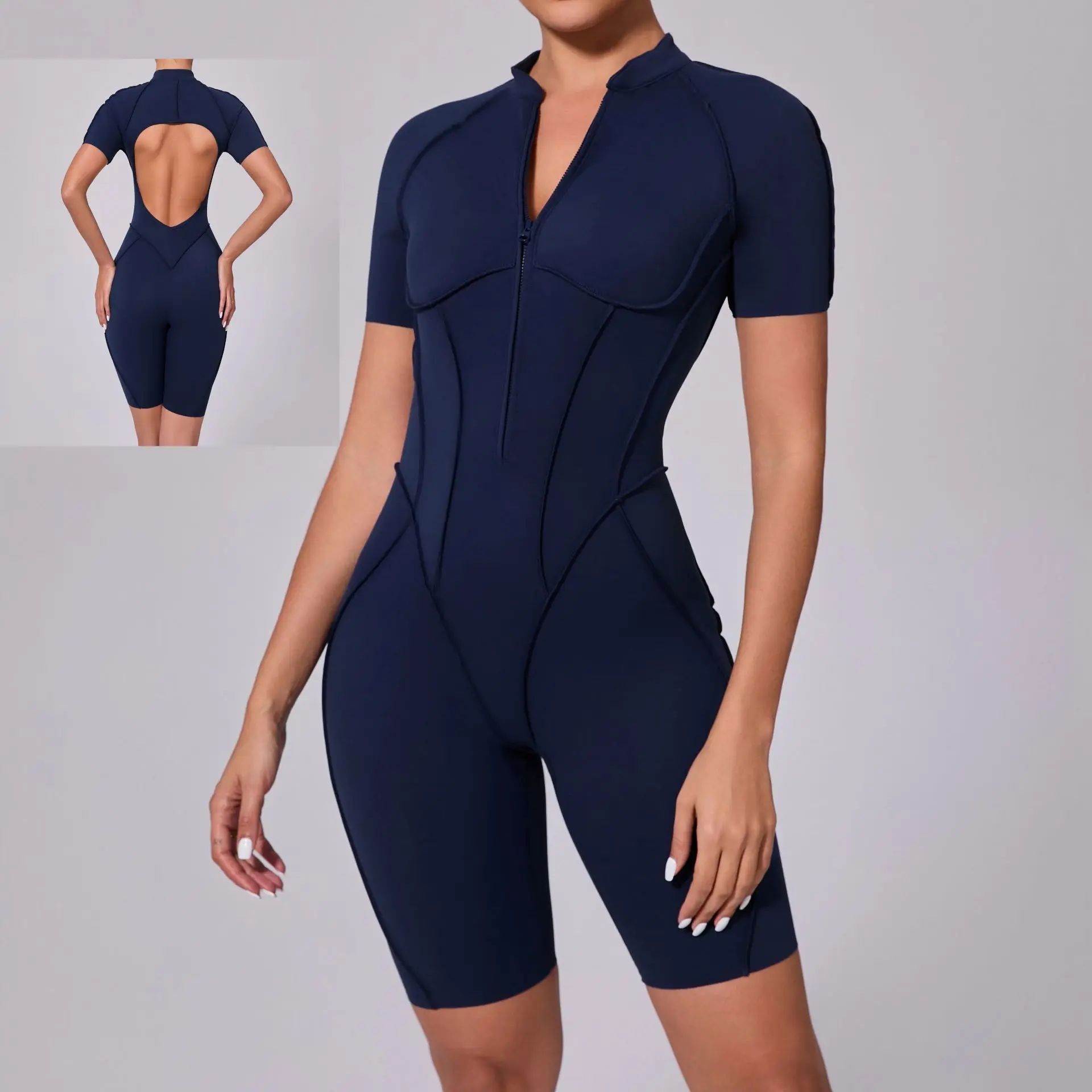 Navy Blue Gym Bodysuit Jumpsuit Short Sleeves