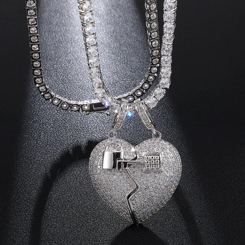 

Hip Hop Bling Iced Out Micro Paved CZ Separable Broken Heart With Key Necklaces & Pendants For Men Rapper Jewelry, As picture
