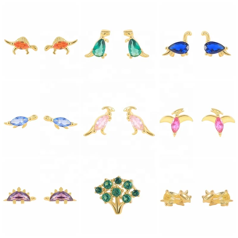 

Cute Fruits Animal Vegetable Crystal Stud Earrings Women 925 Sterling Silver Creative Casual dinosaur Piercings Earring Jewelry, Gold and silver