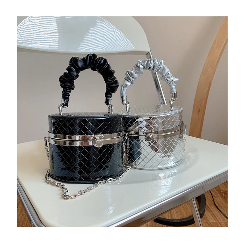 

Luxury Handbags for Women Diamond Lattice Patent Leather Pleated Handle Round Bags Ladies Small Designer Chains Shoulder Purses