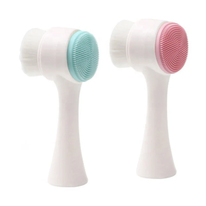 

2 in 1 Portable Double Sided Fiber Bristle Silicone Face Brush Facial Cleansing Brush with Handle, White pink, white blue, pink