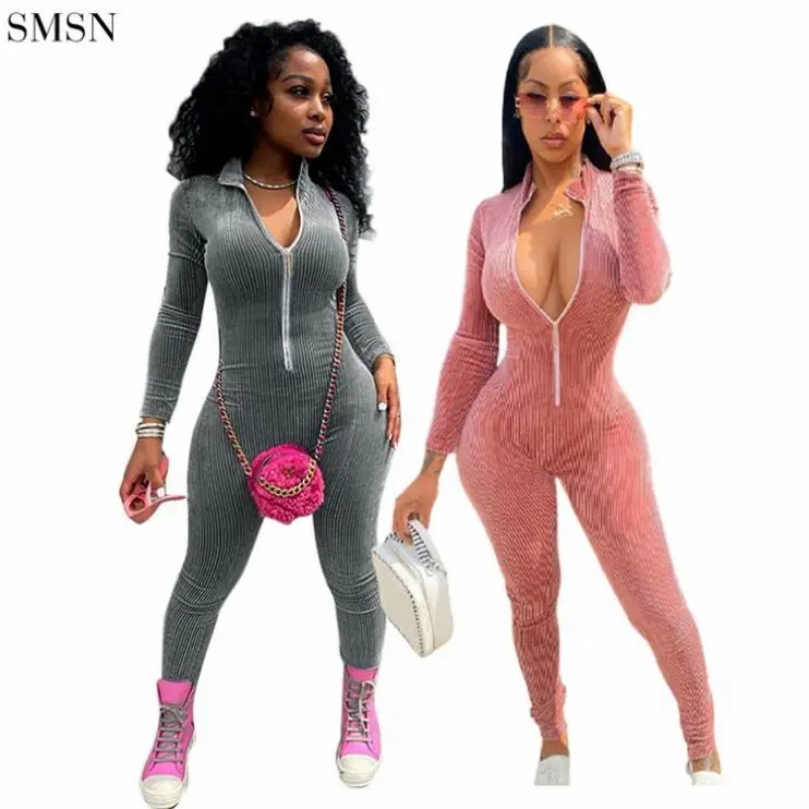 

Wholesale Solid Color Zipper Sexy One Piece Jumpsuits Bodycon Yoga Bodysuit Jumpsuit 2021 Long Sleeve Jumpsuit For Women