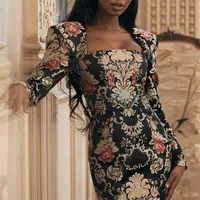 

FS2260B Floral Embroidered Black Long Sleeve Mini Dresses Square Collar Party Night Club Elegant Bodycon Dress 2019 wholesale