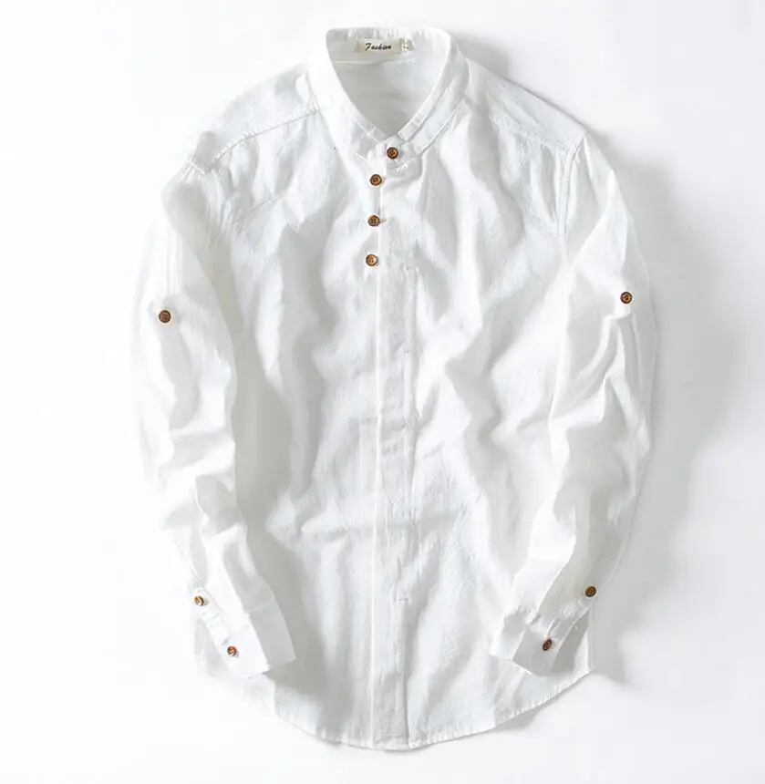 

ZY2609A Chinese style vintage linen shirts solid cotton linen men's stand-up collar casual long-sleeved shirt, White/navy