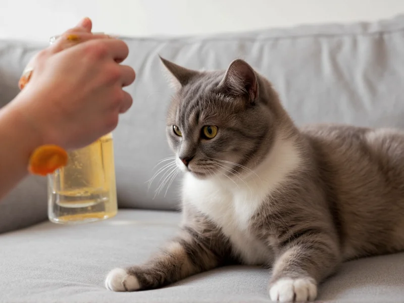 Close-up of cat avoiding citrus spray on sofa
