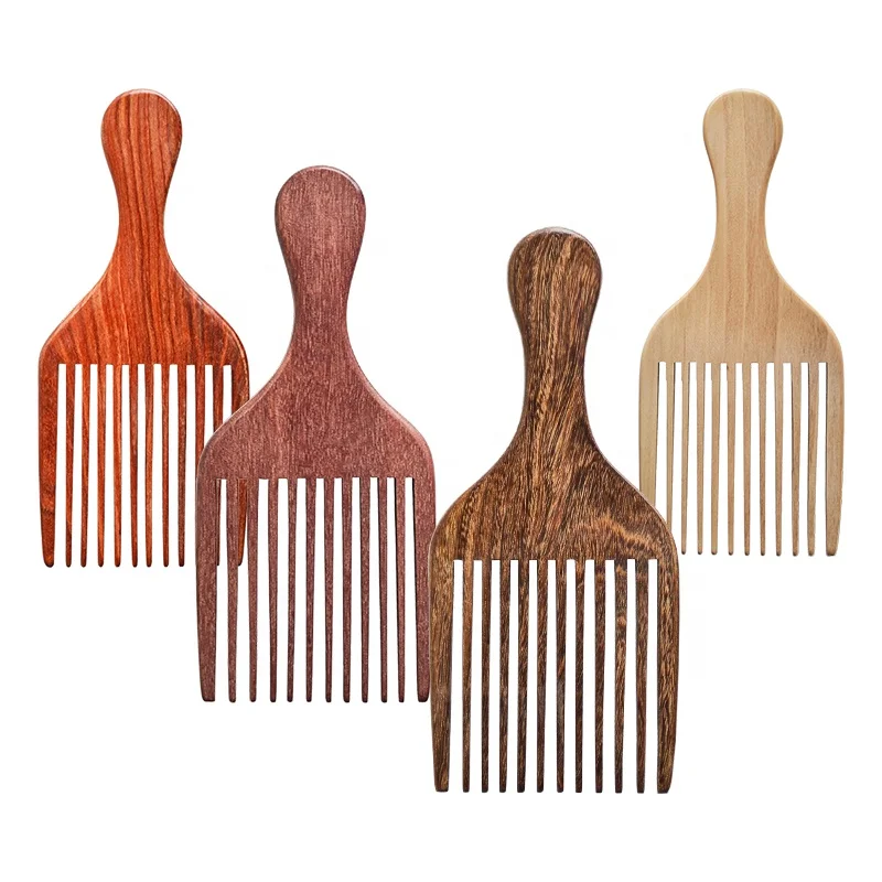 

Custom Logo New Arrival Natural Sandalwood Wide Tooth Afro Pick For Black Hair Beard Comb