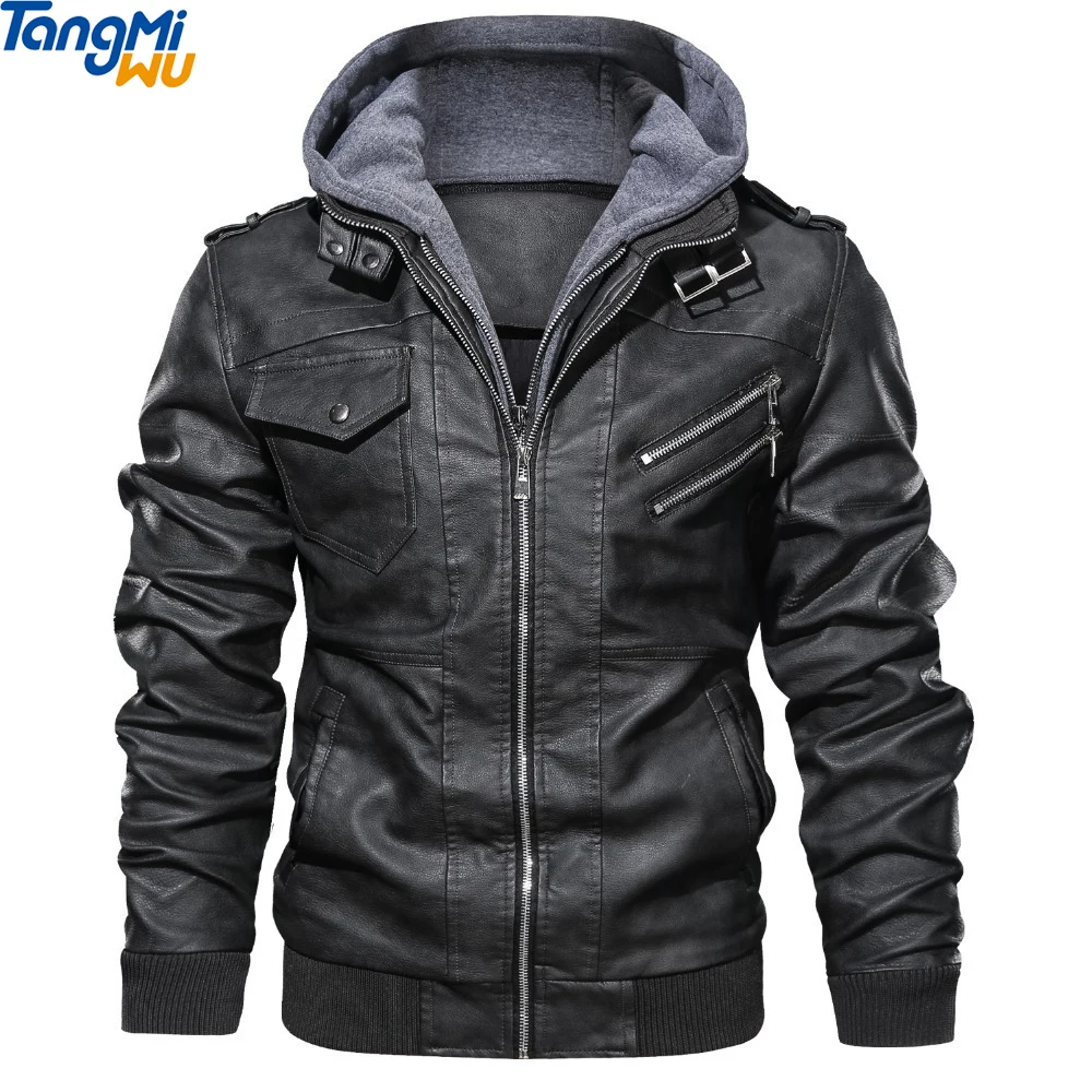 

2021 Bomber Leather Jacket chaqueta para hombre Long Sleeves Zip Black Motorcycle PU Leather Jackets hoodie men