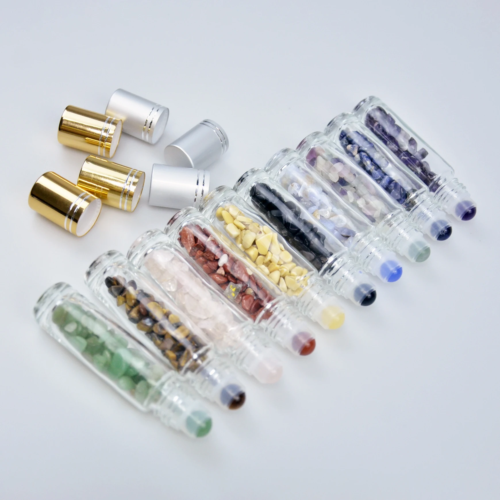 

Empty essential oil 10 ml clear glass roll on perfume bottles with colorful gemstone