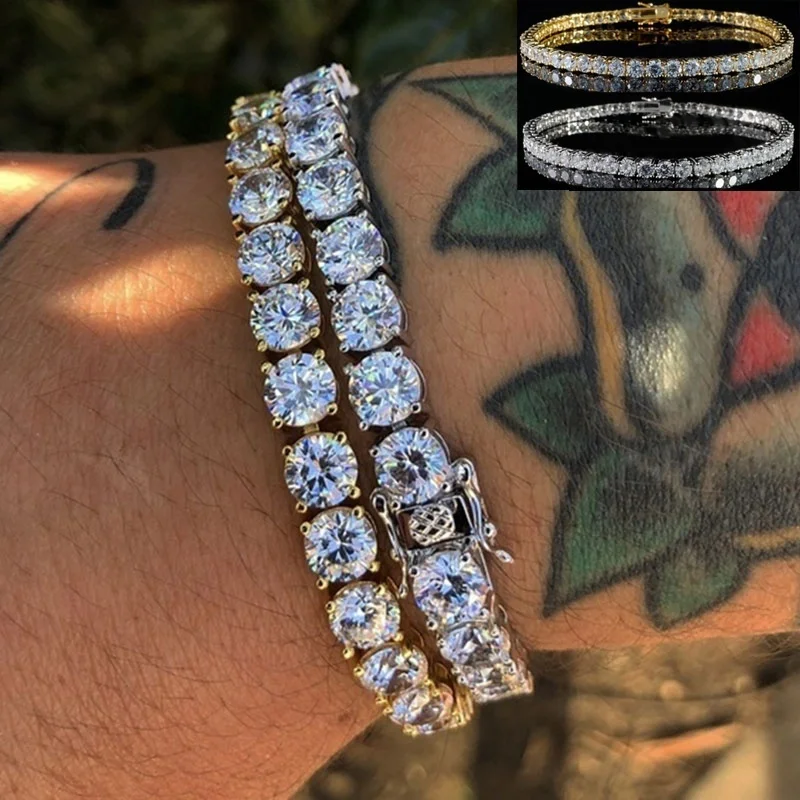 

1Pc Hip Hop Mens Fashion Jewelry Diamond Crystal Rhinestone Chain Single Row Tennis Bracelet Silver Gold BL-0199, Customize