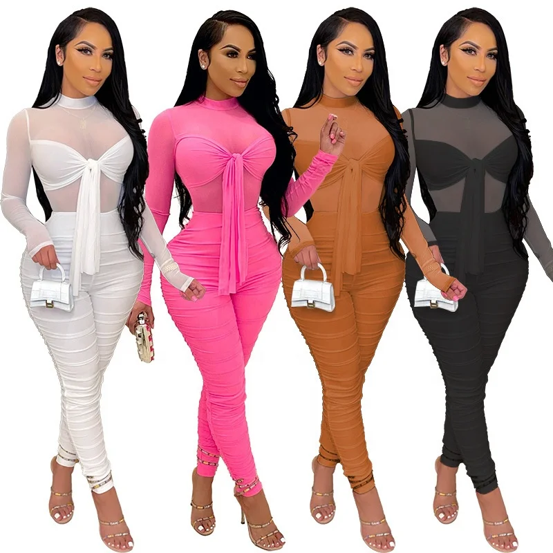 

Newly Long Sleeve Tight-fitting Bandage High Stretch Nightclub Jumpsuits One Piece Solid Womens Mesh Jumpsuit, White/khaki/black/rose red