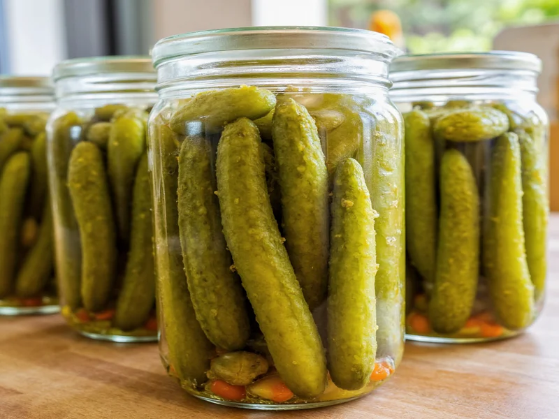 Crisp homemade pickles in glass jars ready to eat