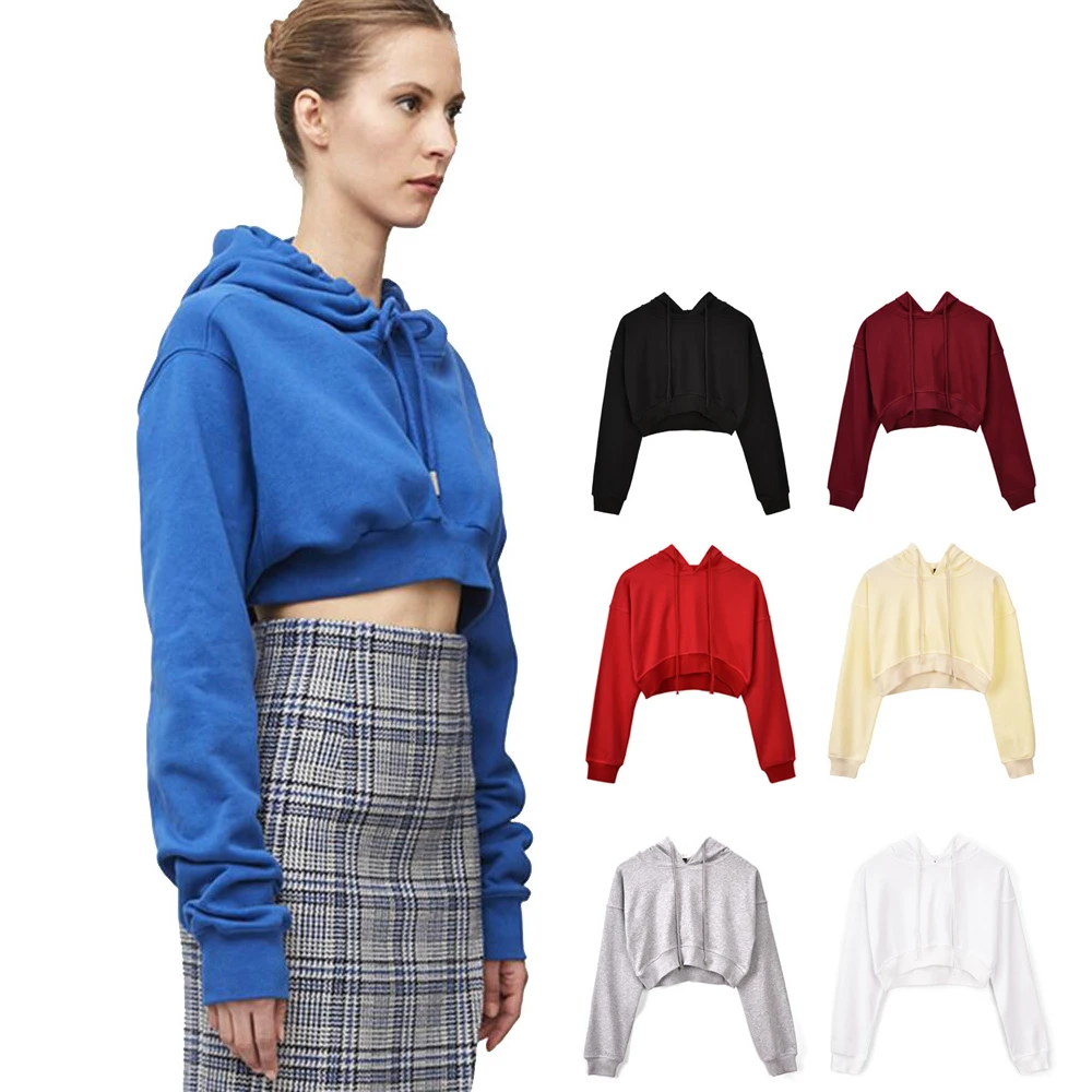 

2020 KCOA Wholesale 100% Cotton Solid Color Long Sleeve Crop Top Hoodies For Women, 7 colors in stock or oem