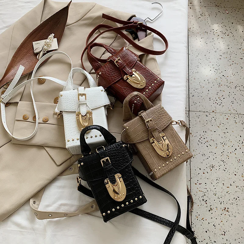 

Fashion crocodile pattern square box purse luxury brand ladies rivet shoulder crossbody handbags for women purse, White,black,khaki,brown