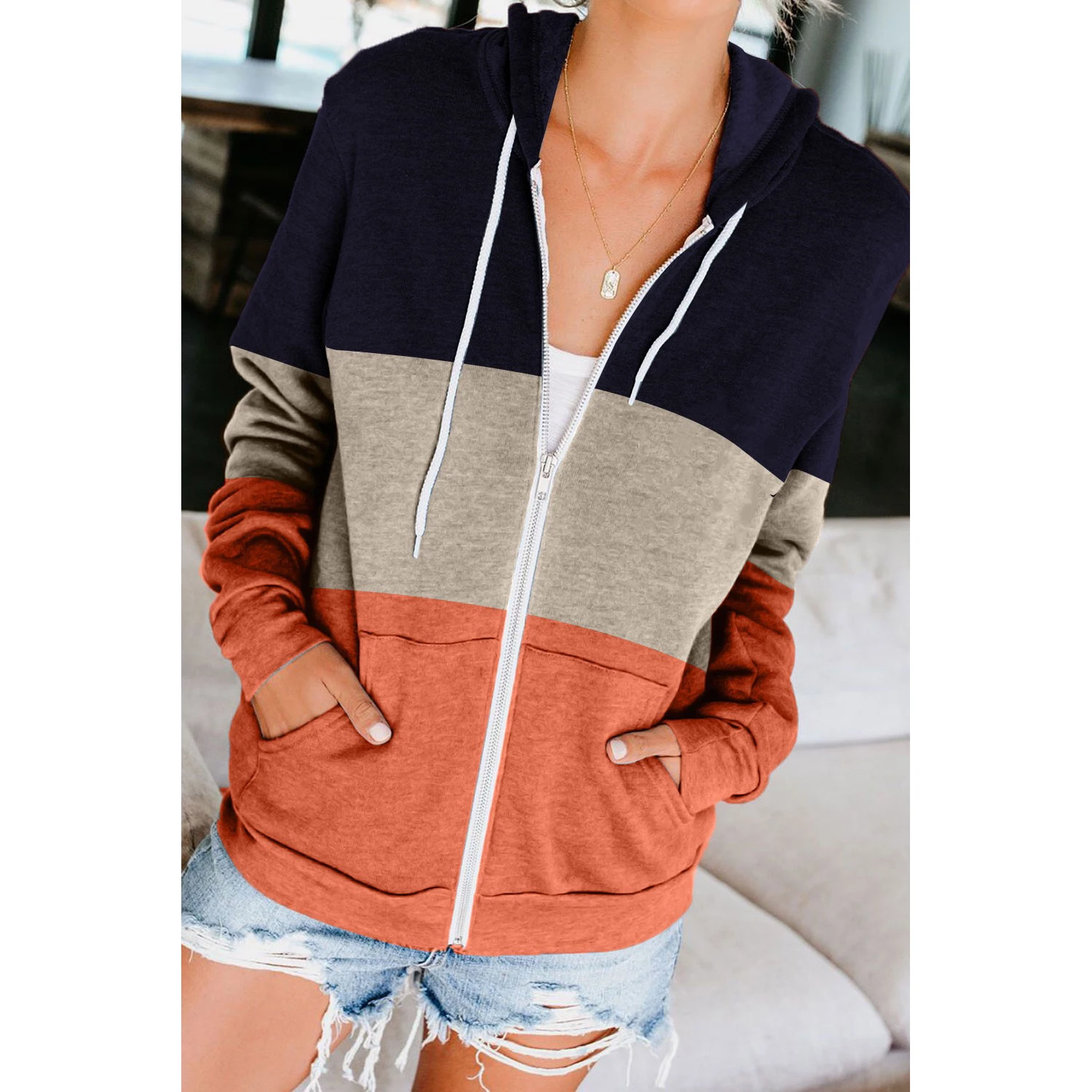 

Free Shipping Q86 2021 Fall Clothing Casual Warm Zipper Cardigan Color Patchwork Woman Hoodie