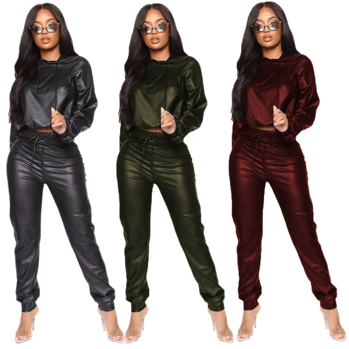 

2021 New Arrivals Solid Leather Jogging Outfit Fall Women Clothes Casual PU Leather Hoodie 2 Piece Pants Set