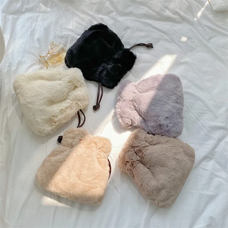 

Korean fashion plush messenger bag women wild casual drawstring shoulder bag simple style lady crossbody fur handbag, 5 colors ready stock