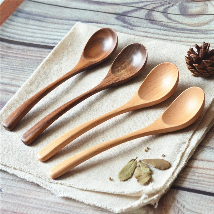 

New Creative Dinner Tableware Kitchen Teak Wood Spoon Ice Cream Coffee Tea Soup Wooden Spoon, Natural