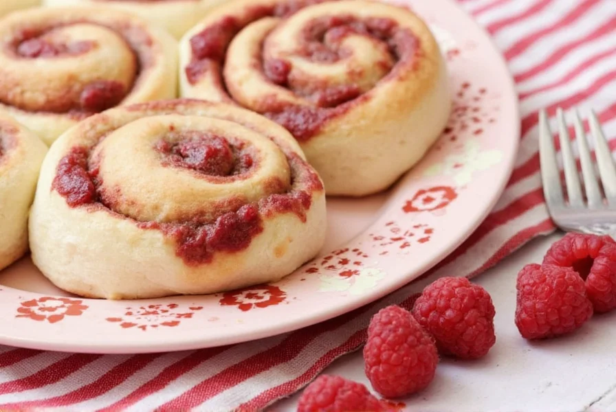 Step-by-step process of making raspberry cinnamon rolls showing dough rolling and filling application