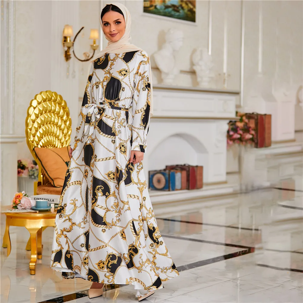 

Dubai Style Printed Flora Maxi Abaya 2021 New Islamic Dress for wholesale Middle east Islamic Clothing, White, yellow