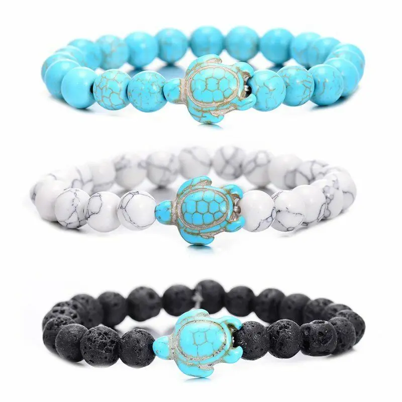 

Protect Ocean 2023 Summer Sea Turtle Beads Bracelets Charm Colorful 8mm Natural Stone Elastic Strand Bracelets For Women Men