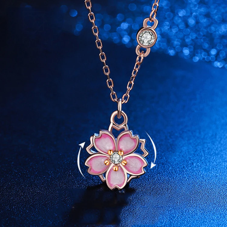 

K121 Fashion Jewelry Enamel Pink Cherry Blossom Flower Chain Anxiety Rotating S925 Sterling Silver Spinning Pendant Necklace