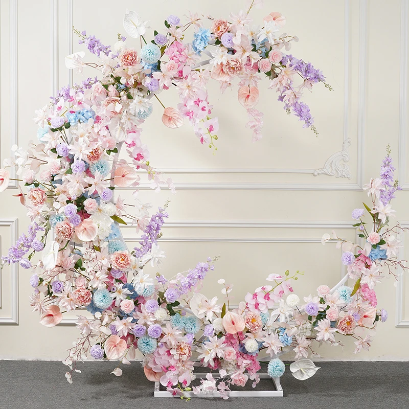 

White Moon Shape Arch Frame With Red Pink Floral Arrangement Set Wedding Backdrop Flower Stand Event Party Banquet Props Shelf