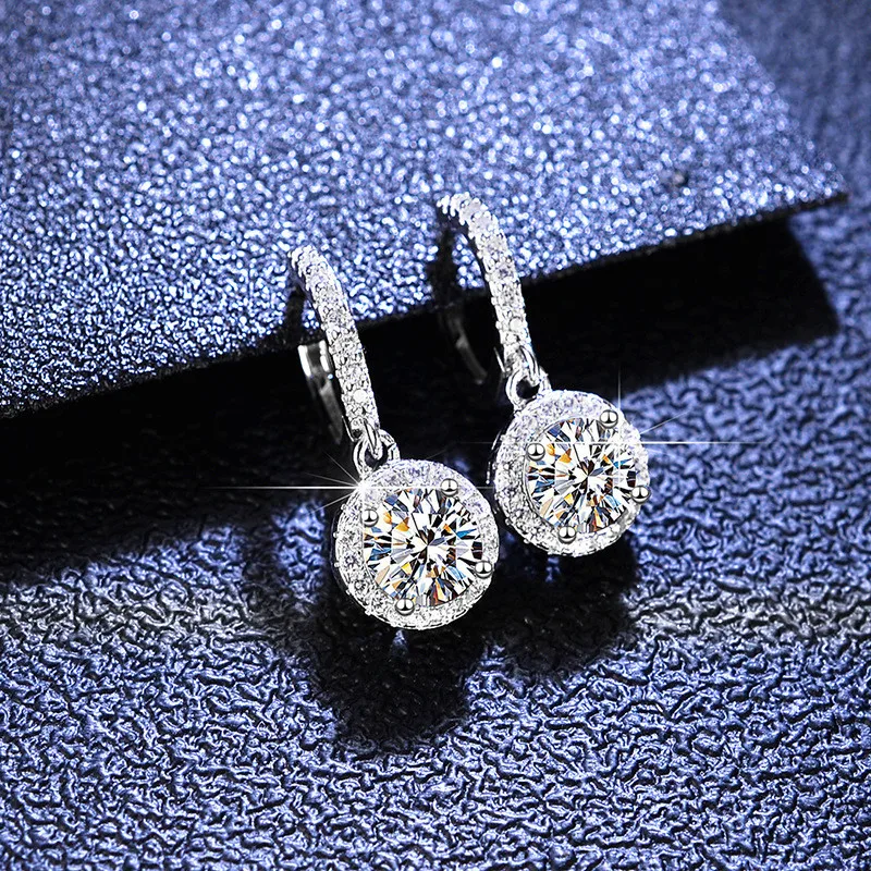 

Silver 925 Original 18k White Gold Plated Total 2 Carat Excellent Cut Diamond Test Past Round VVS Moissanite Drop Earrings Gift