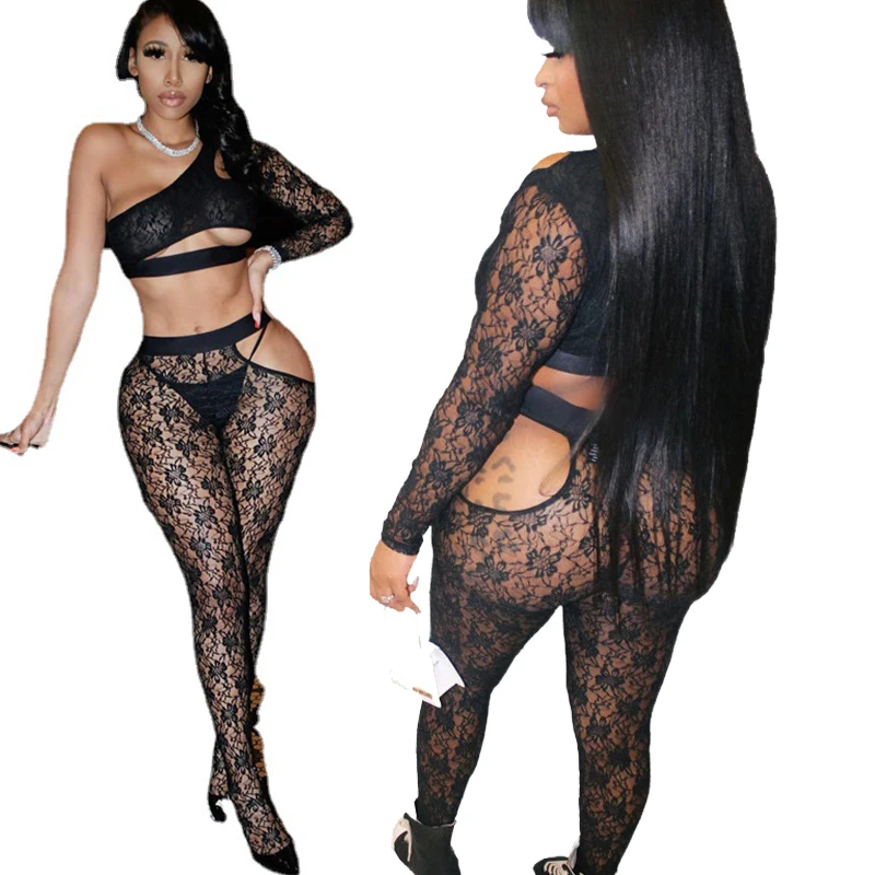 

Wholesale Spring Sexy Lace Two Pieces Pants Set Women See Through Tights Clothings, Picture color
