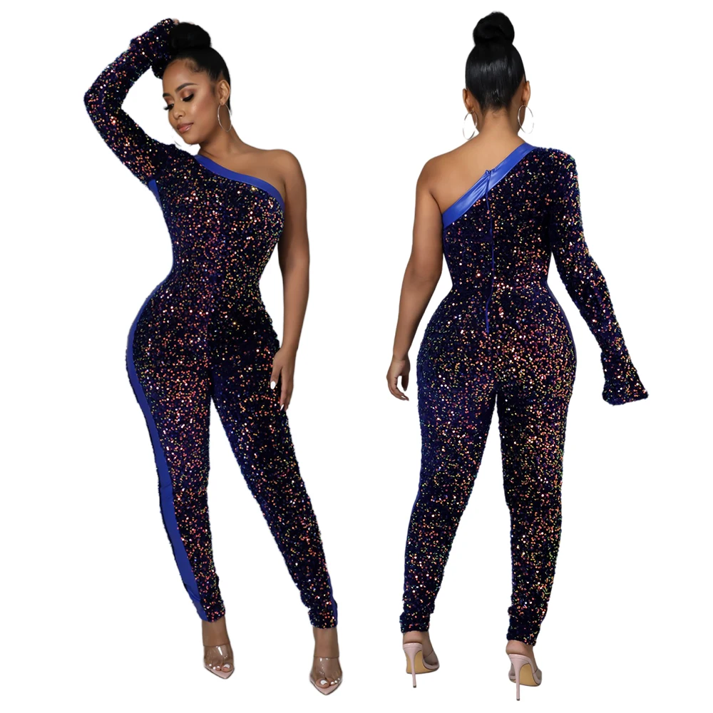 

High Quality Fashionable Playsuits Bodysuit Women Sexy Long Sleeve One Shoulder Sequin Jumpsuit, Customized color