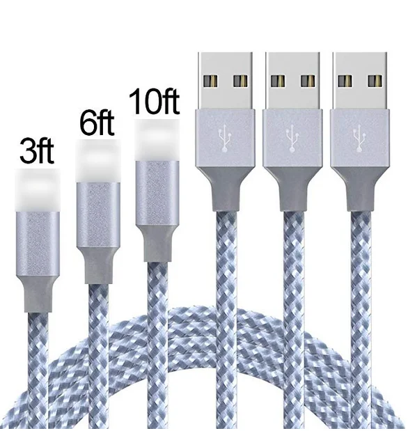 

3FT 6FT 10FT Nylon Braided Usb Charging Cable For Iphone USB cable fast Charger cable Mobile Phone, Black red blue