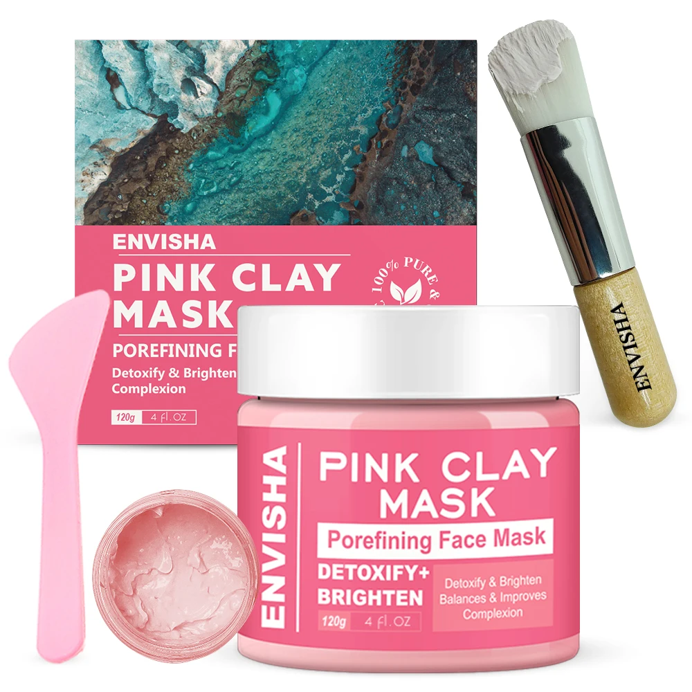 

Free brush beauty organic whitening private label face & body mud mask facial kaolin pink clay mask