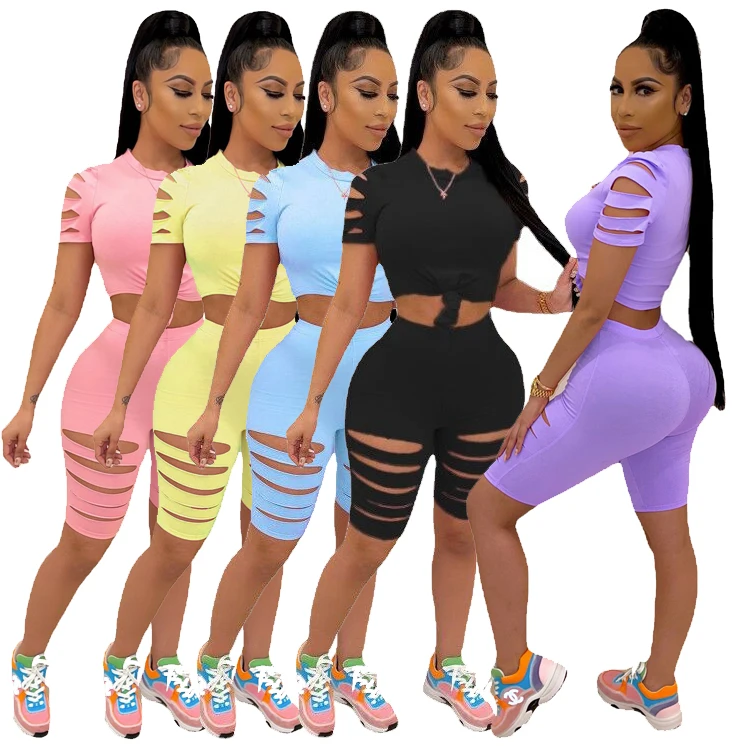 

Cute 2 Piece Short Set Women Hollow Out Outfits Fitness Sports Wear Biker Shorts Set Two Piece Casual Clothing