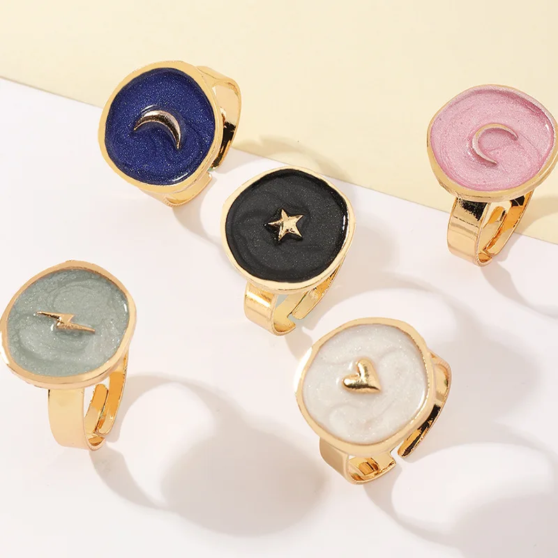 

2021 popular oil drop gold plated five pointed star heart cresent moon lightning heart enamel coin ring jewelry