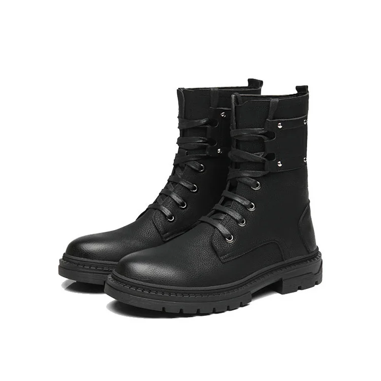 

High Help Round Head Lace-Up Mens Martin Boots with Hight Reflective, Black