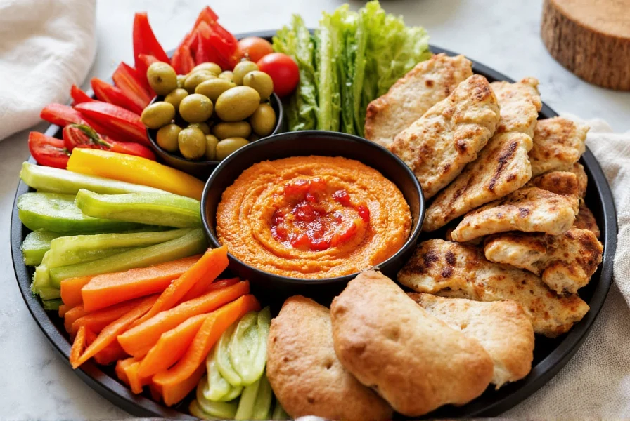 Mediterranean platter featuring roasted red pepper hummus surrounded by fresh vegetables, olives, pita bread, and grilled chicken pieces
