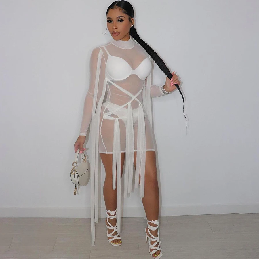 

Peeqi 2021 new women's Casual Dresses two piece set clothing dress white Sleeve Mini Skirt bandage strap sheer dress women lady