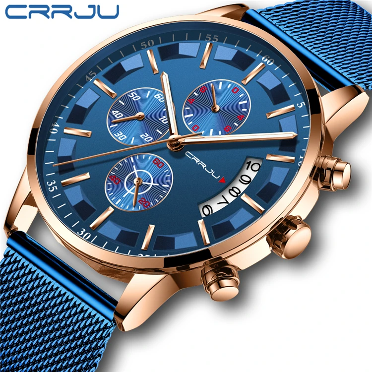 Mens Watches CRRJU 2261 M Waterproof Quartz Business Men Watch Top Brand Luxury Clock Casual Blue Sport Watch