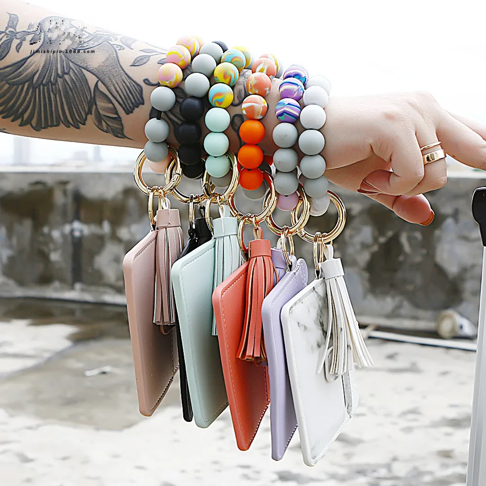 

Amazon Hot Selling Colorful Silicone Beads Bracelet Keychain Wallet Boho Solid Leather Card Holder Men Women Wrist Bangle Purse