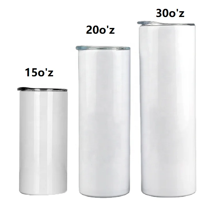 

USA free shipping 15oz 20oz 30oz Wholesale Stainless Steel Straight Tumbler White Sublimation Blanks with plastic straw, Customized colors acceptable