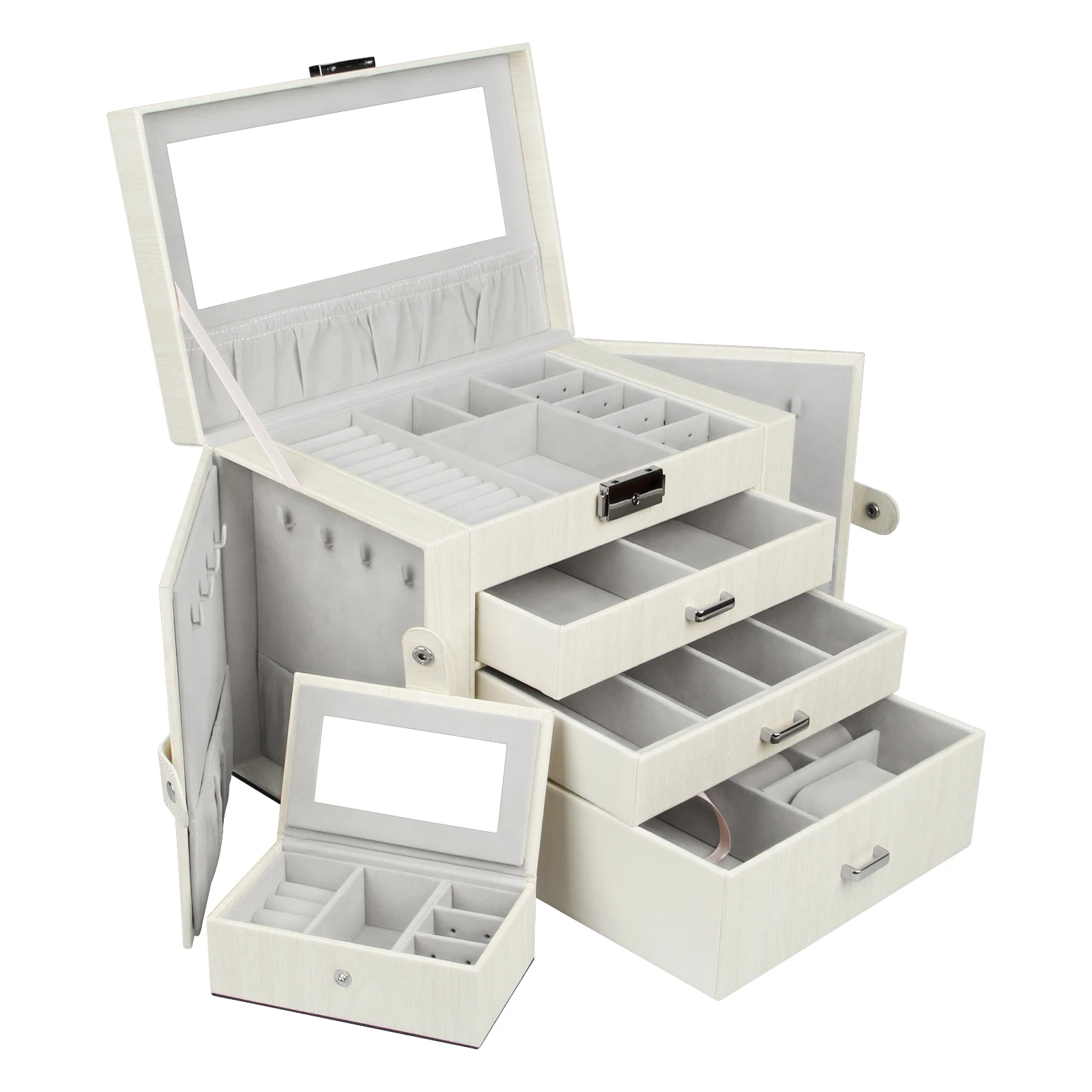 

OEM/ODM white PU leather velvet MDF durable handheld jewelry organizer box jewelry organizer storage