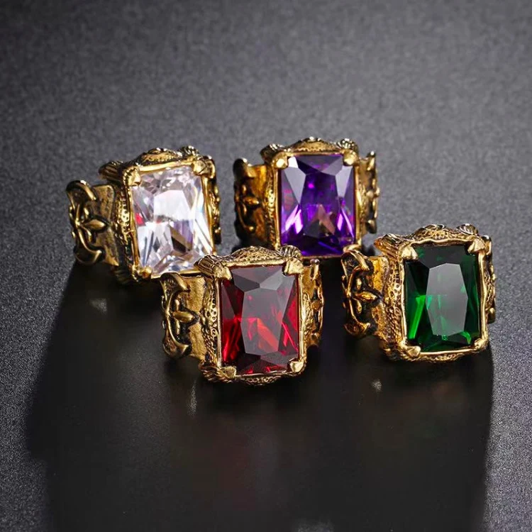 

Retro Inlaid Color Zircon Titanium Steel Gold Ring