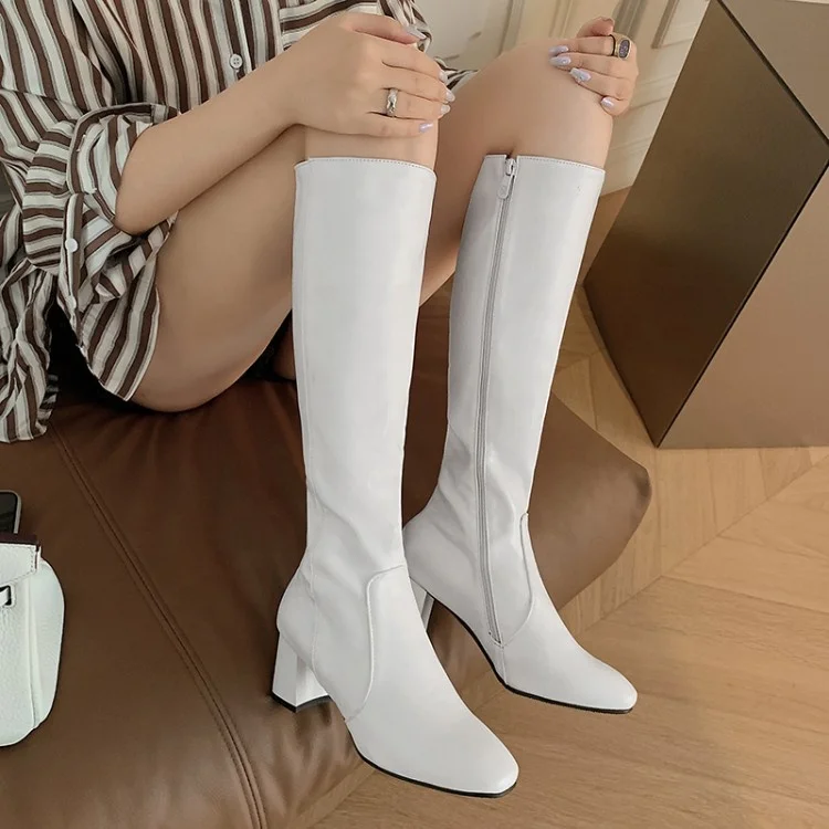 

Luxury Square Low Heel Side Zipper Simple Design Women Knee High Boots PU Leather Red White Fashion Long Boots for Girls, White,black,red