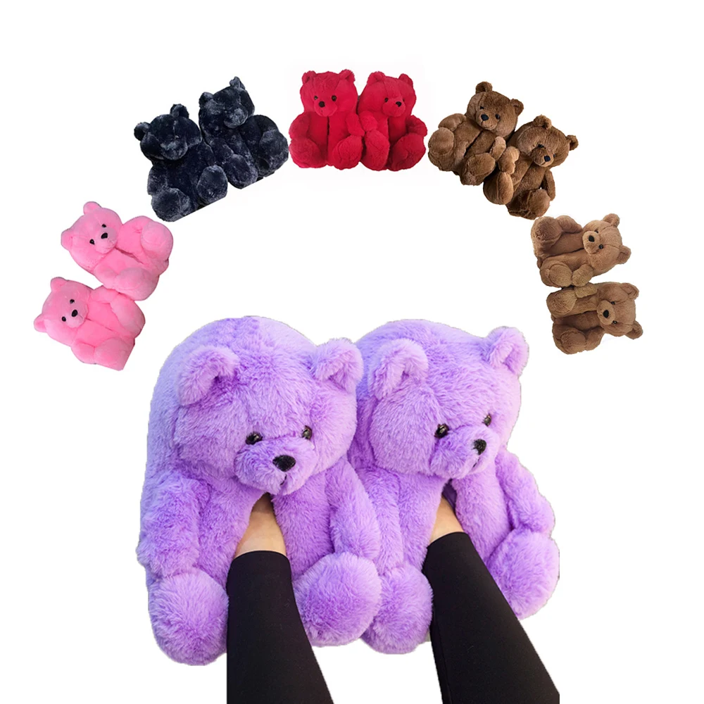 

Wholesale furry women adorable  bear fur slides Teddy Bear Slippers, Customizable