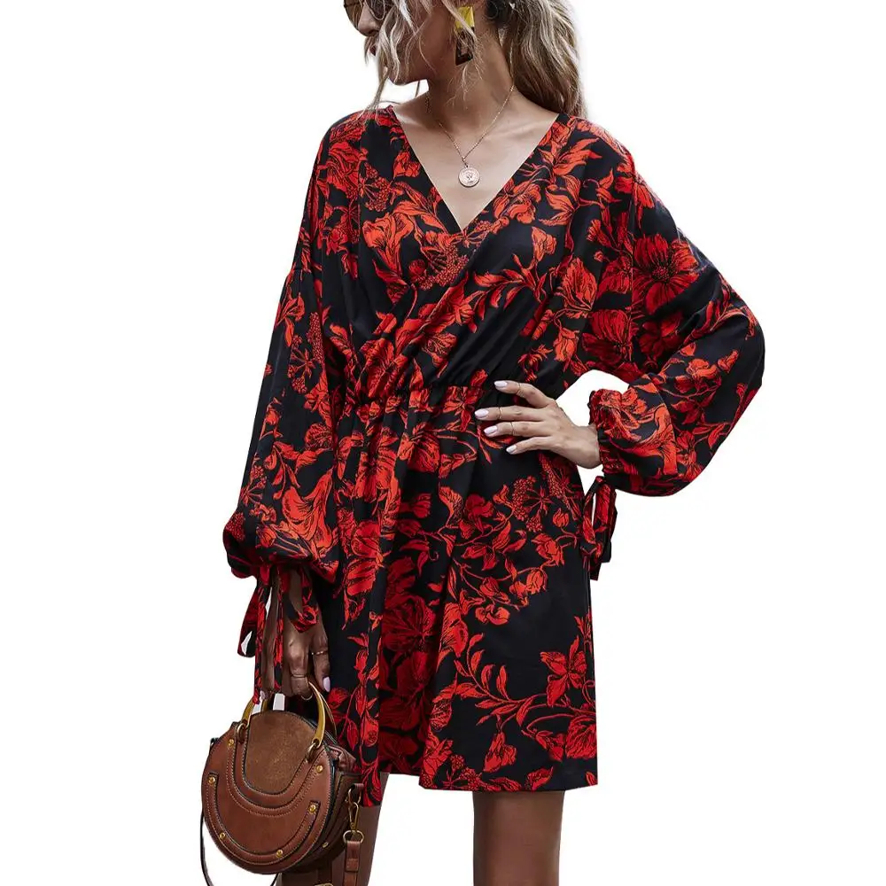 

Fashion Plaid V-neck A-Line Long Sleeve Floral Printed Skirt Women Casual Dress, Customized color